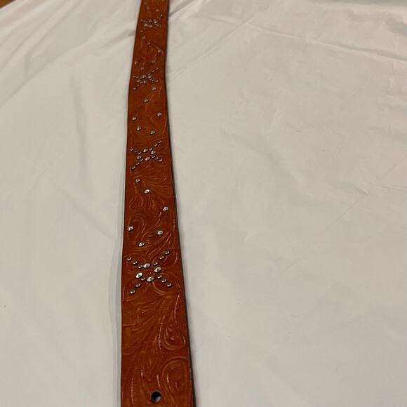 Fossil Belt Size S Brown Genuine  Leather Tooled Studded Western Boho Buckle - Picture 13 of 15